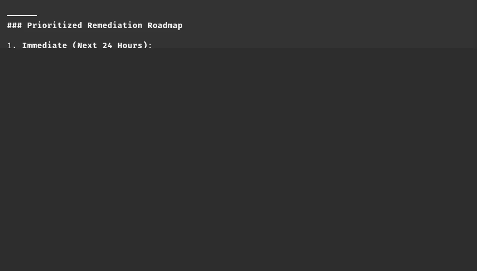 Sanitized Antigravity terminal view showing the prioritized remediation roadmap produced by the security audit.