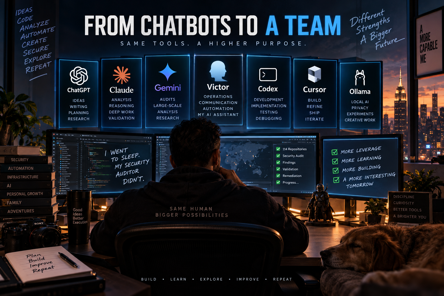 A person at a multi-monitor desk with an AI team board showing ChatGPT, Claude, Gemini, Victor, Codex, Cursor, and Ollama in distinct roles.