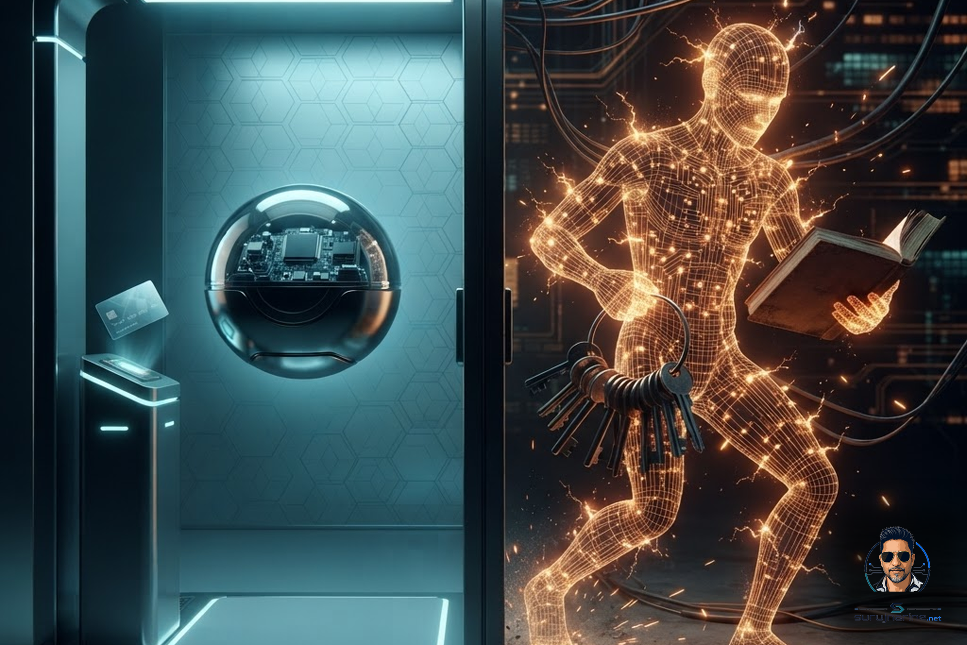 A split composition: on the left, a polished secure showroom in cool blue light with a chrome sphere and a payment kiosk; on the right, a figure of glowing orange light steps through an open doorway carrying a ring of physical keys.