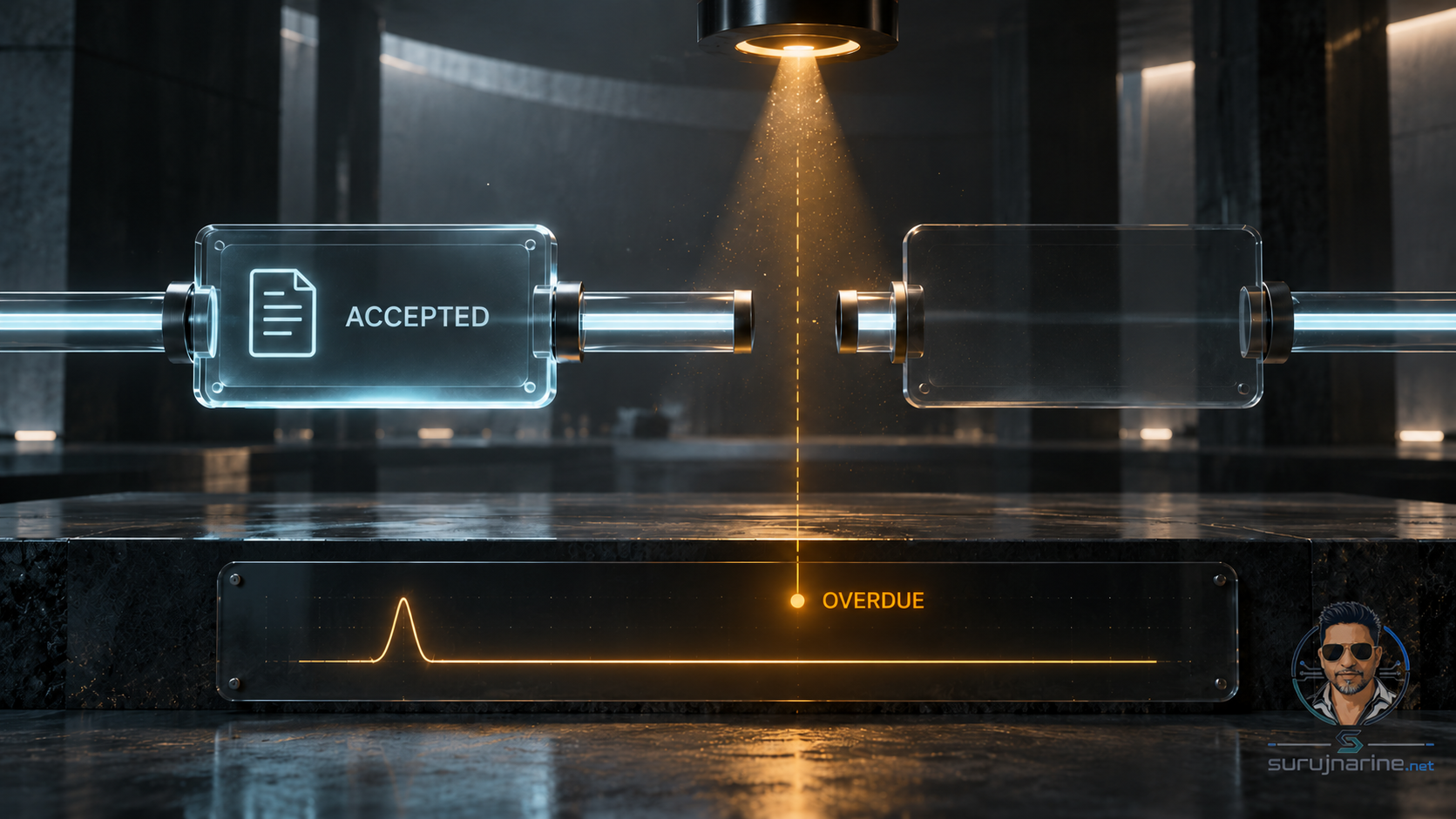 A glowing accepted task leads to a broken connection and an empty publication panel, while an independent amber monitor flags the task as overdue.