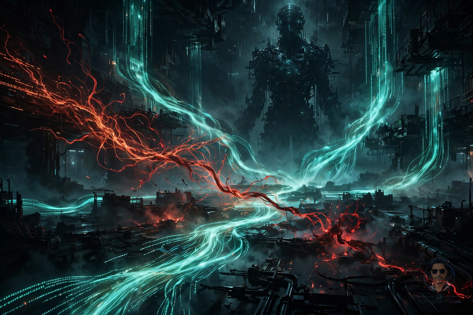 A dark operations floor where glowing streams of structured data flow toward a towering AI figure, while a single strand of amber-red malicious script weaves through the streams and corrupts them from within.