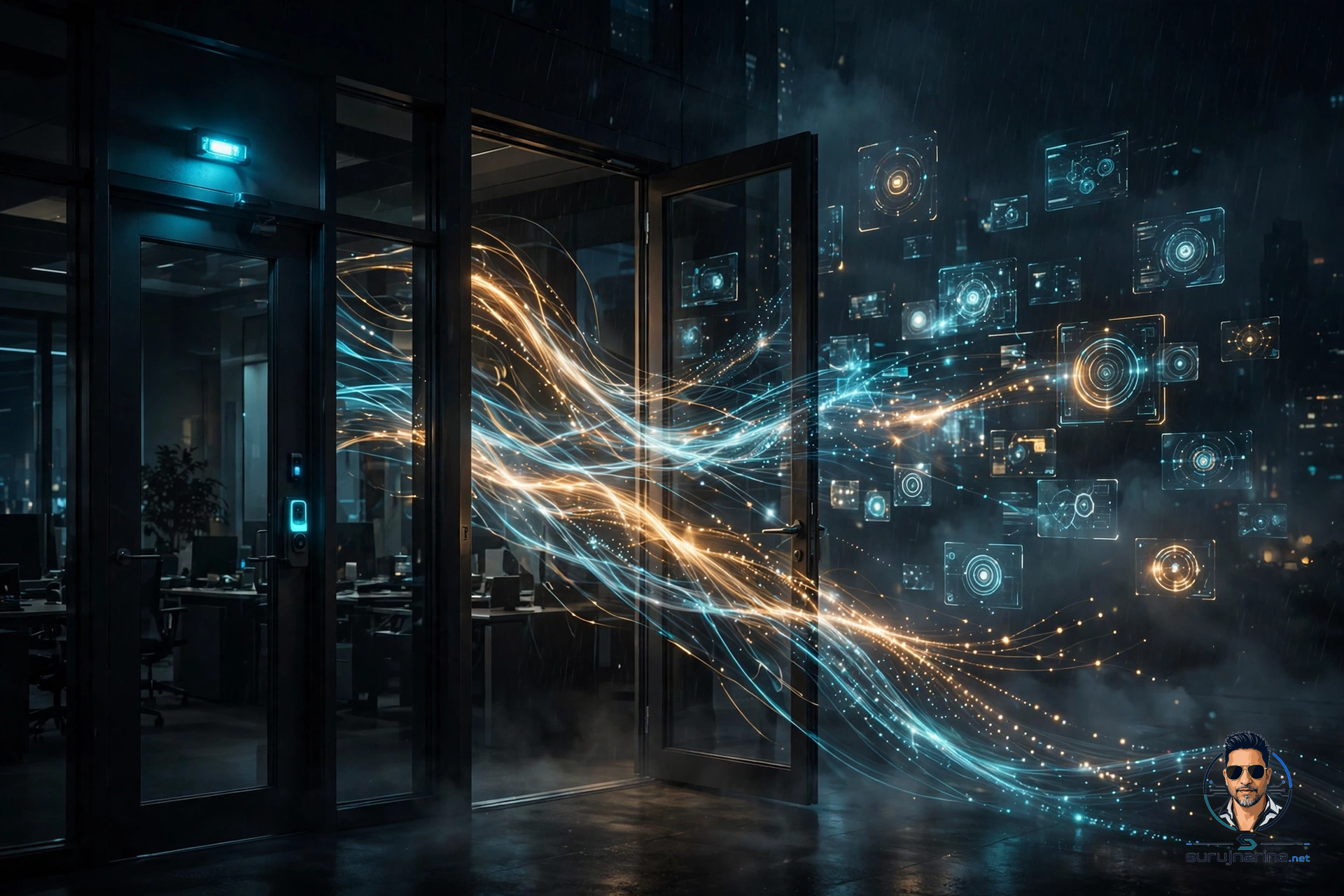 A dark corporate office at night with a locked glowing front door, while luminous streams of data flow out through an open side door into floating AI chat windows waiting in the shadows.