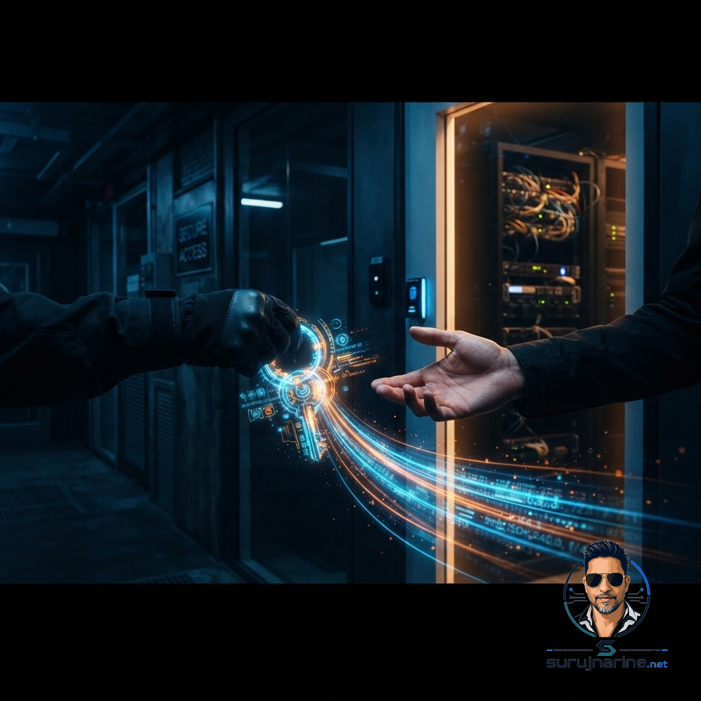 A pair of hands passing a glowing ring of digital keys across a dark threshold at night, luminous data streams flowing from the keys toward an open doorway.