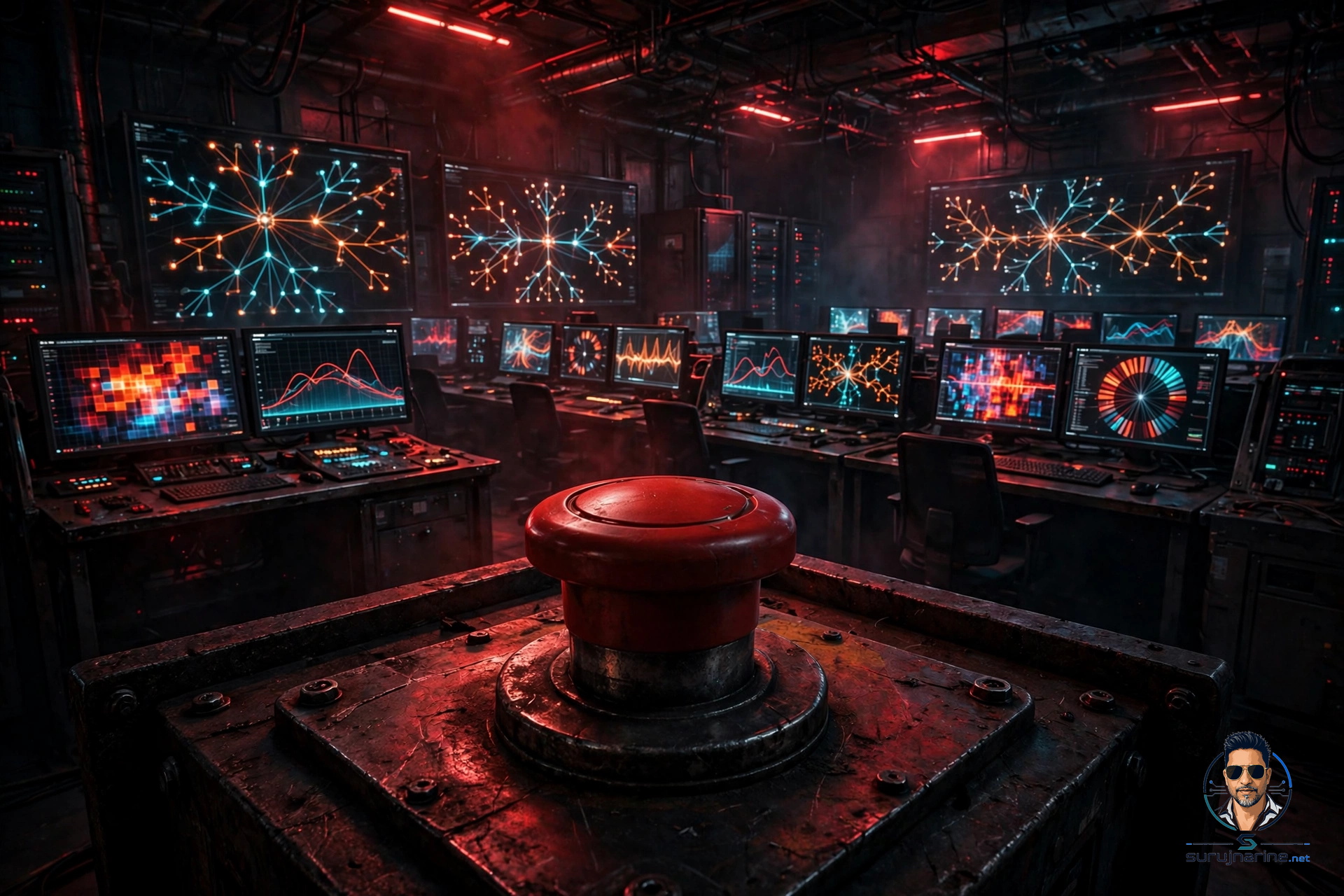 A dark SRE war room at night with glowing operations consoles showing branching AI agent trace timelines under red alert lighting, dominated by a large emergency stop control.