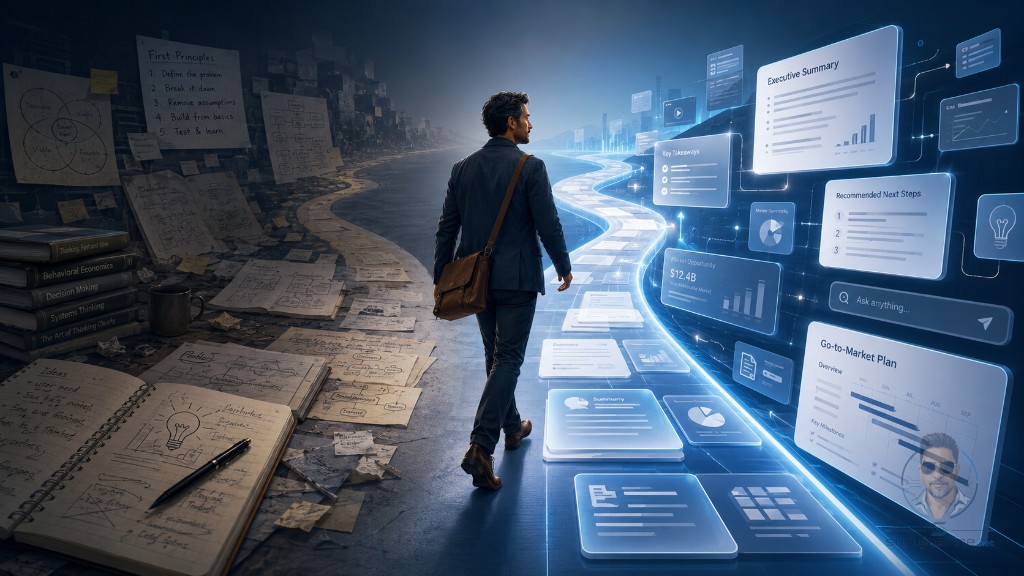 A figure walks from a cluttered analog desk of notes and books toward glowing AI dashboards