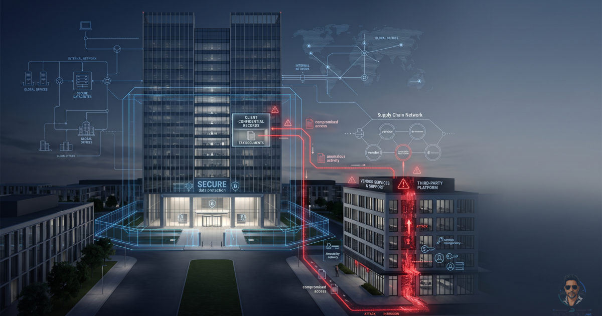 A cyber risk visualization representing a third-party breach and the spread of sensitive enterprise data.