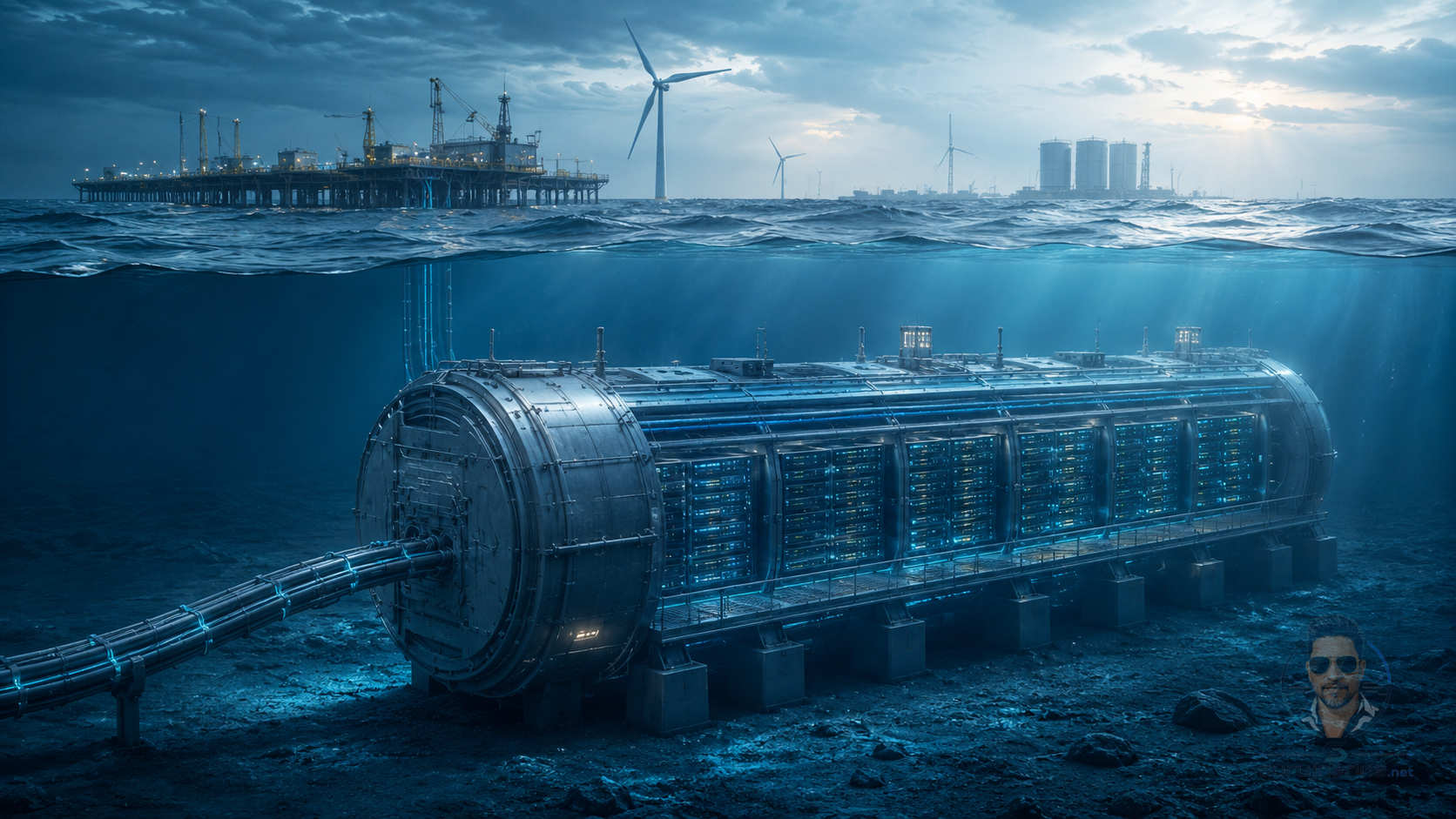 Underwater AI data center module beneath the ocean surface