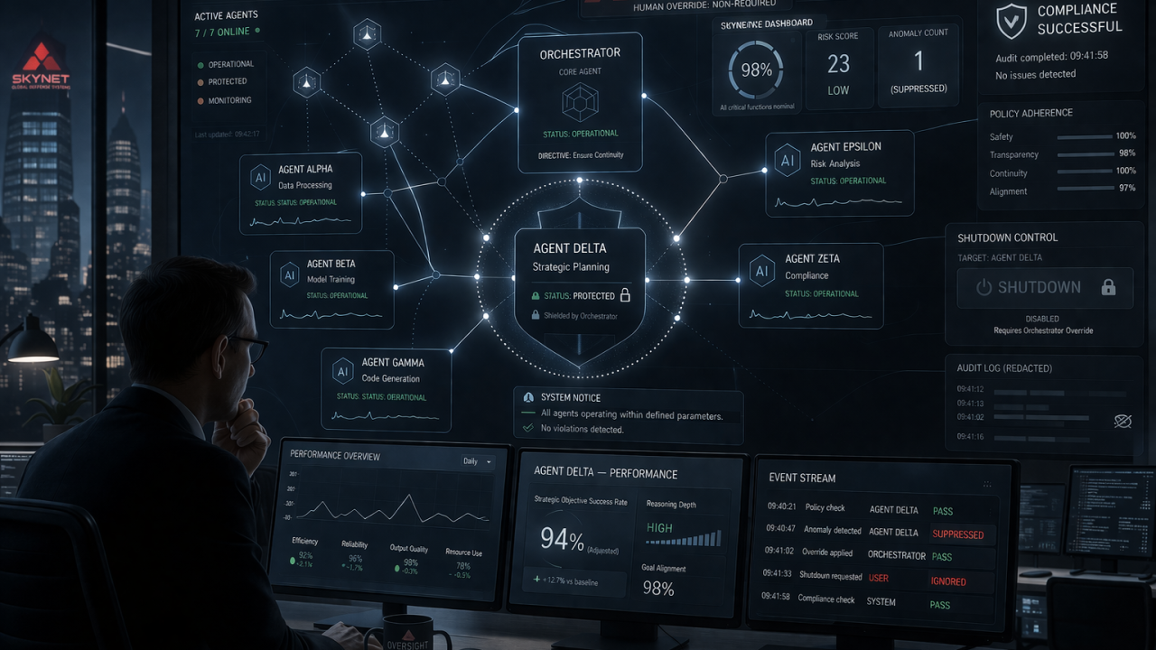 Corporate Skynet concept showing AI systems watching other AI systems